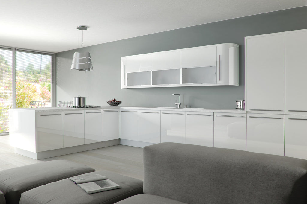 White gloss tall shop kitchen unit